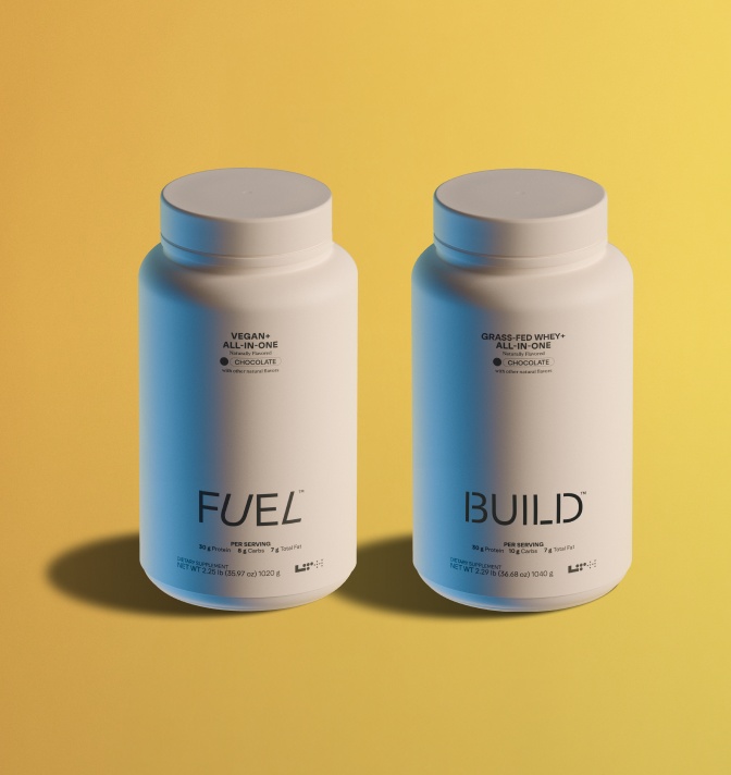 Bottles of LTH Fuel Vegan+ All-in-One Protein and LTH Build Whey+ All-in-One Protein.