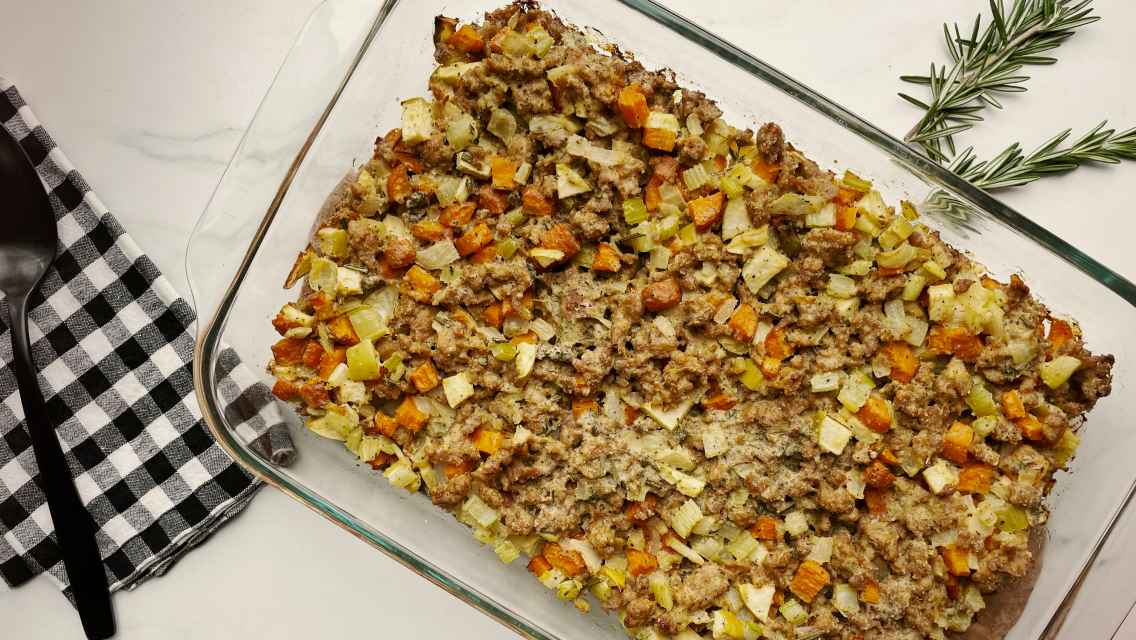 pan of gluten free stuffing