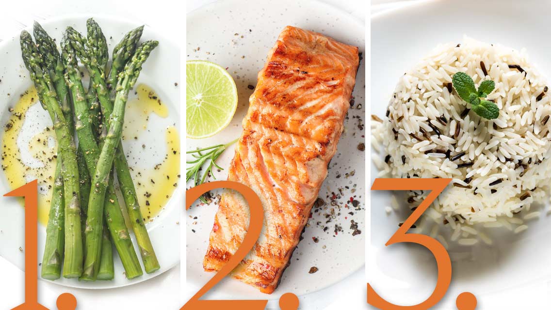 1. plate of asparagus, 2. salmon fillet, 3. rice pilaf