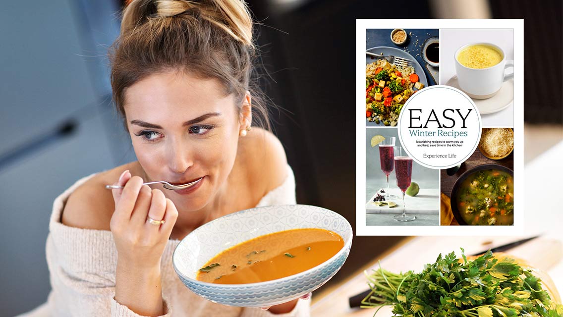 Woman eating soup alongside the Easy Winter Recipes e-book cover