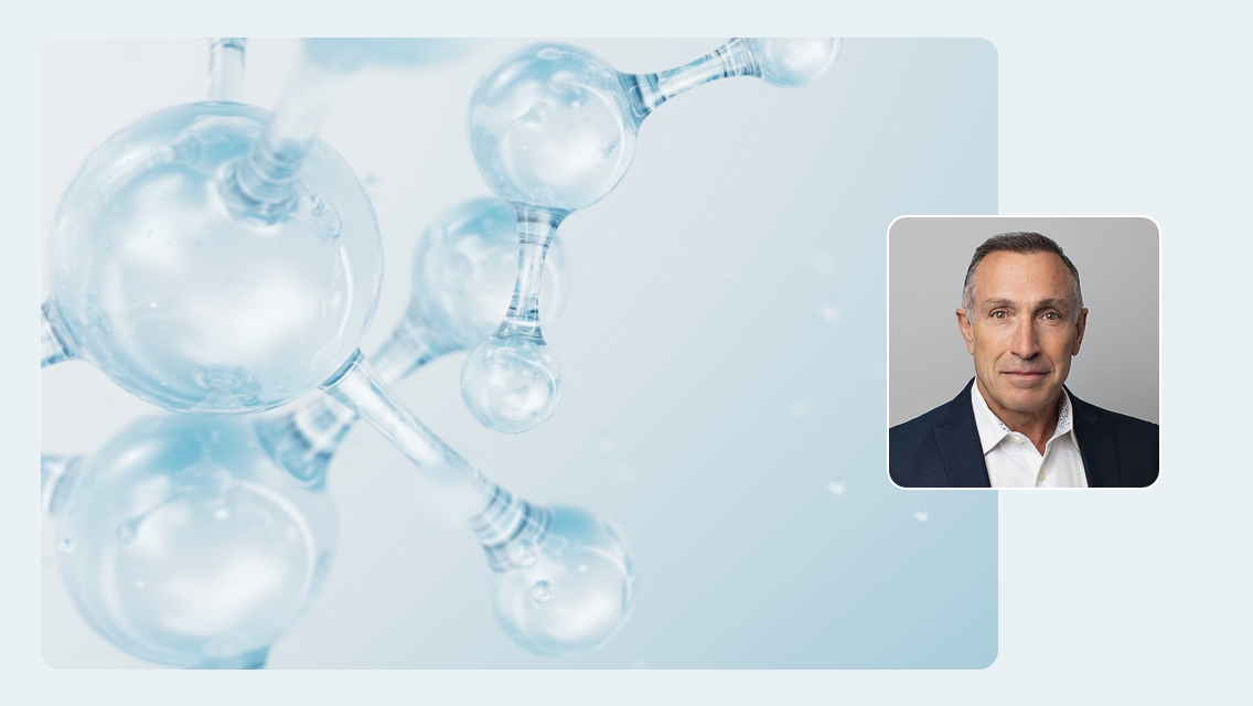 Jim LaValle's headshot over a background image of cells