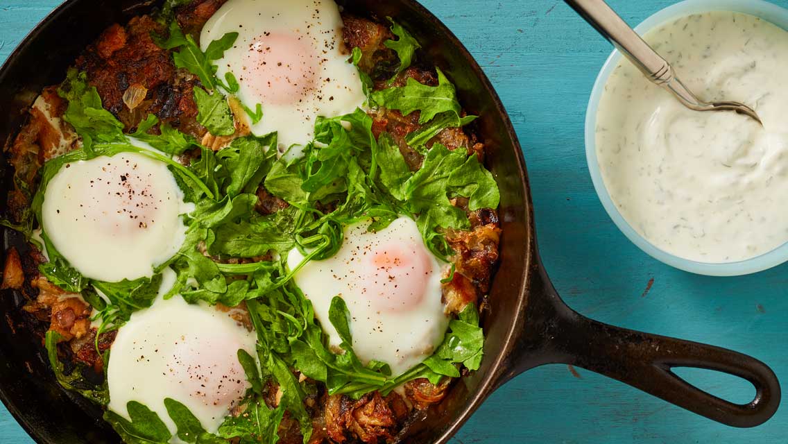 Breakfast Kipper Cake With Steam-Poached Eggs