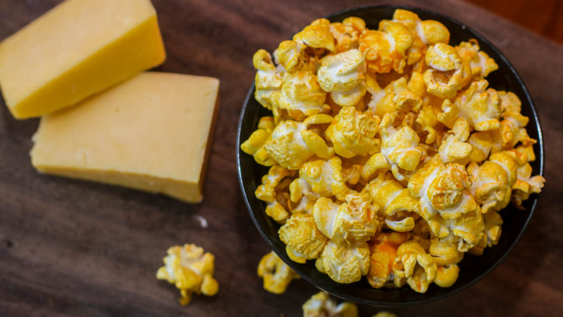 chunks of cheese and cheese flavored popcorn