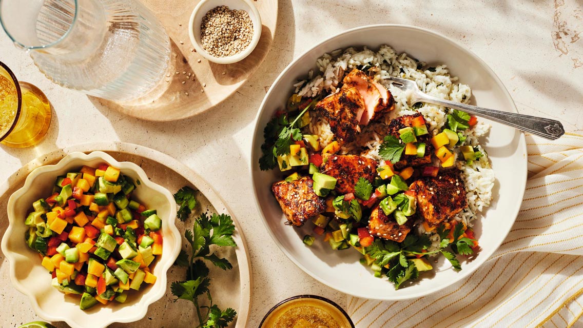 tropical salmon bites and rice