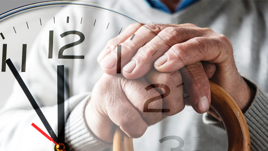 images collage of senior hands on a cane and a clock