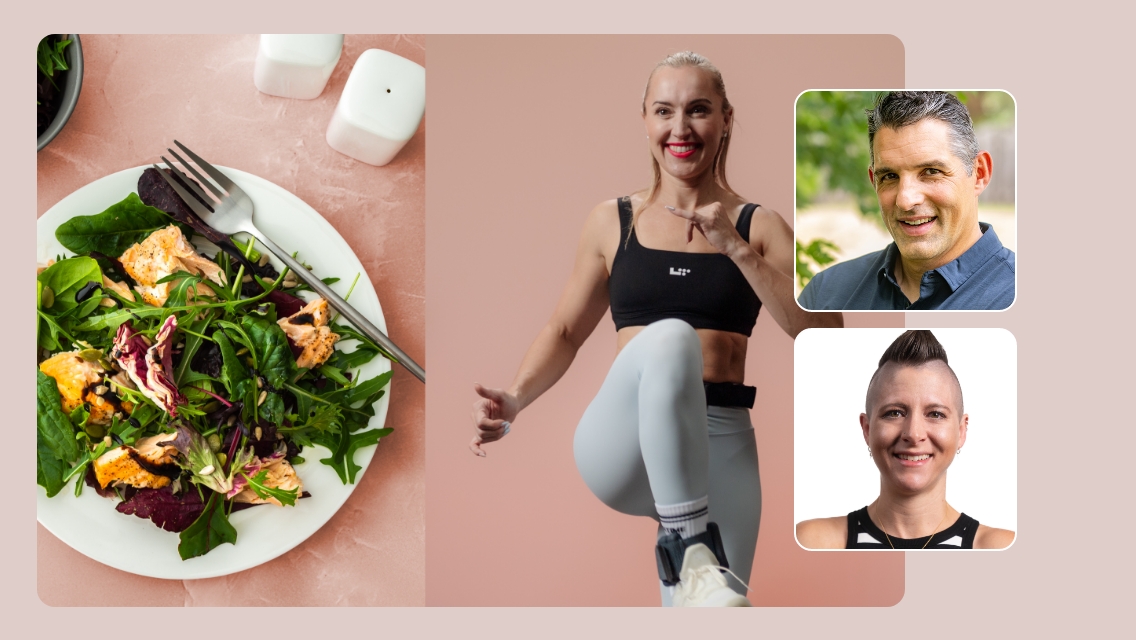 trainer jumping and salad on table