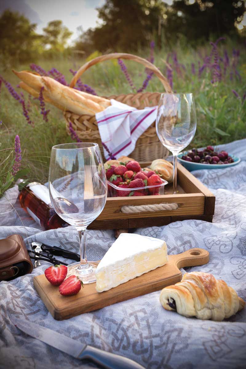 picnic scene with wine glasses, fruit, cheese, and bread