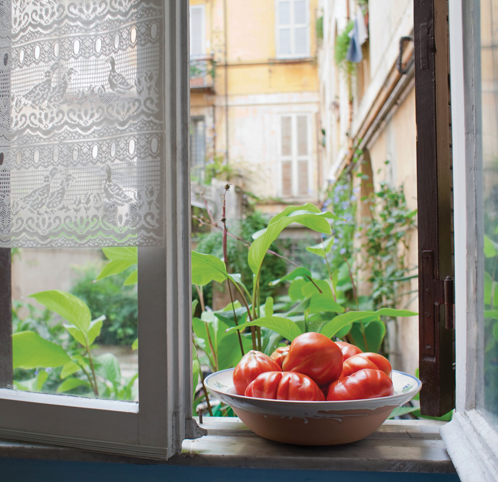 a bowl of freshly picked tomatoes sits on a window ledge