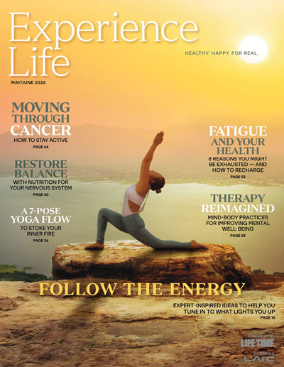 May/June 2026 cover of Experience Life with woman doing yoga at sunset