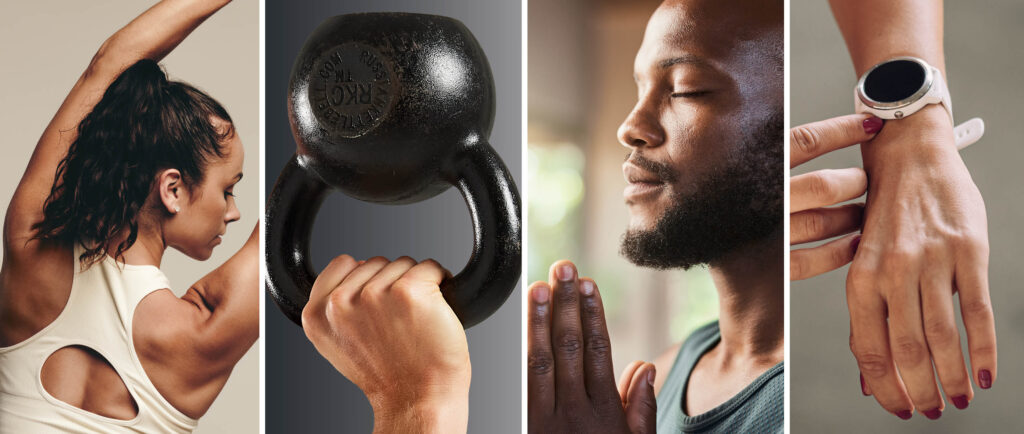 collage of photos: a woman stretching, a man holding a kettlebell, a person meditating, and a heart rate monitor.