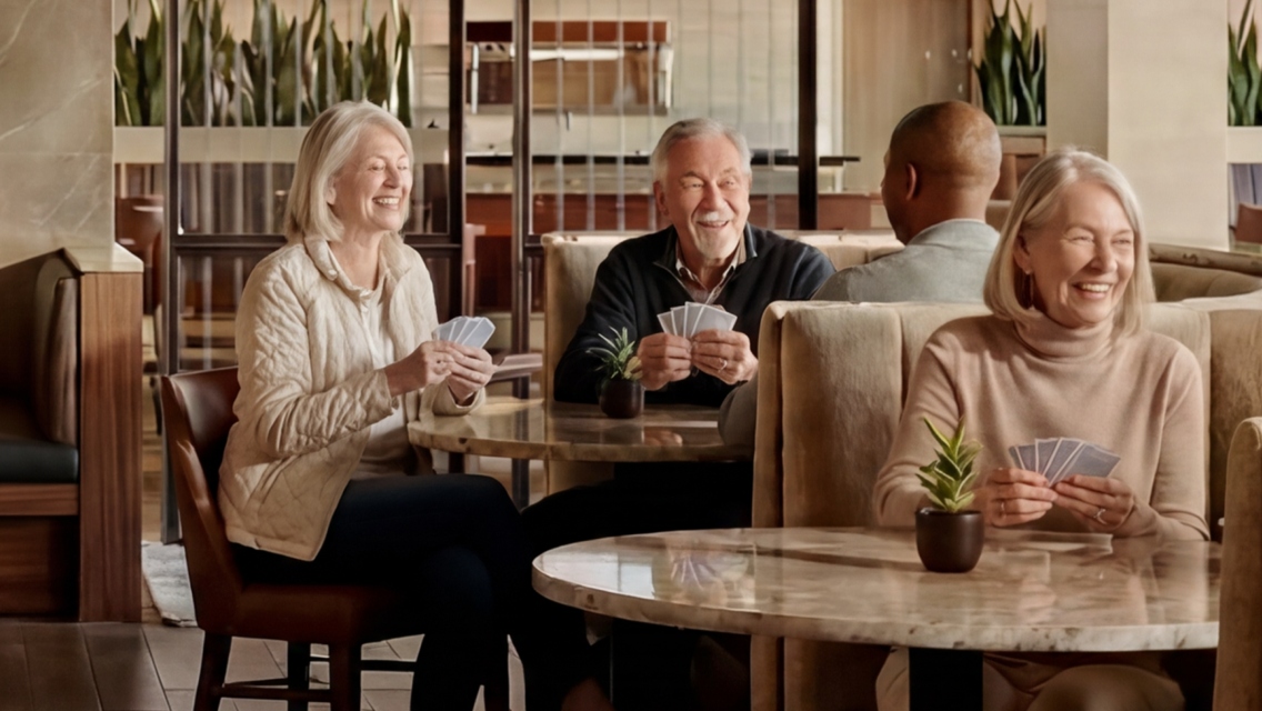Four people playing cards at a table