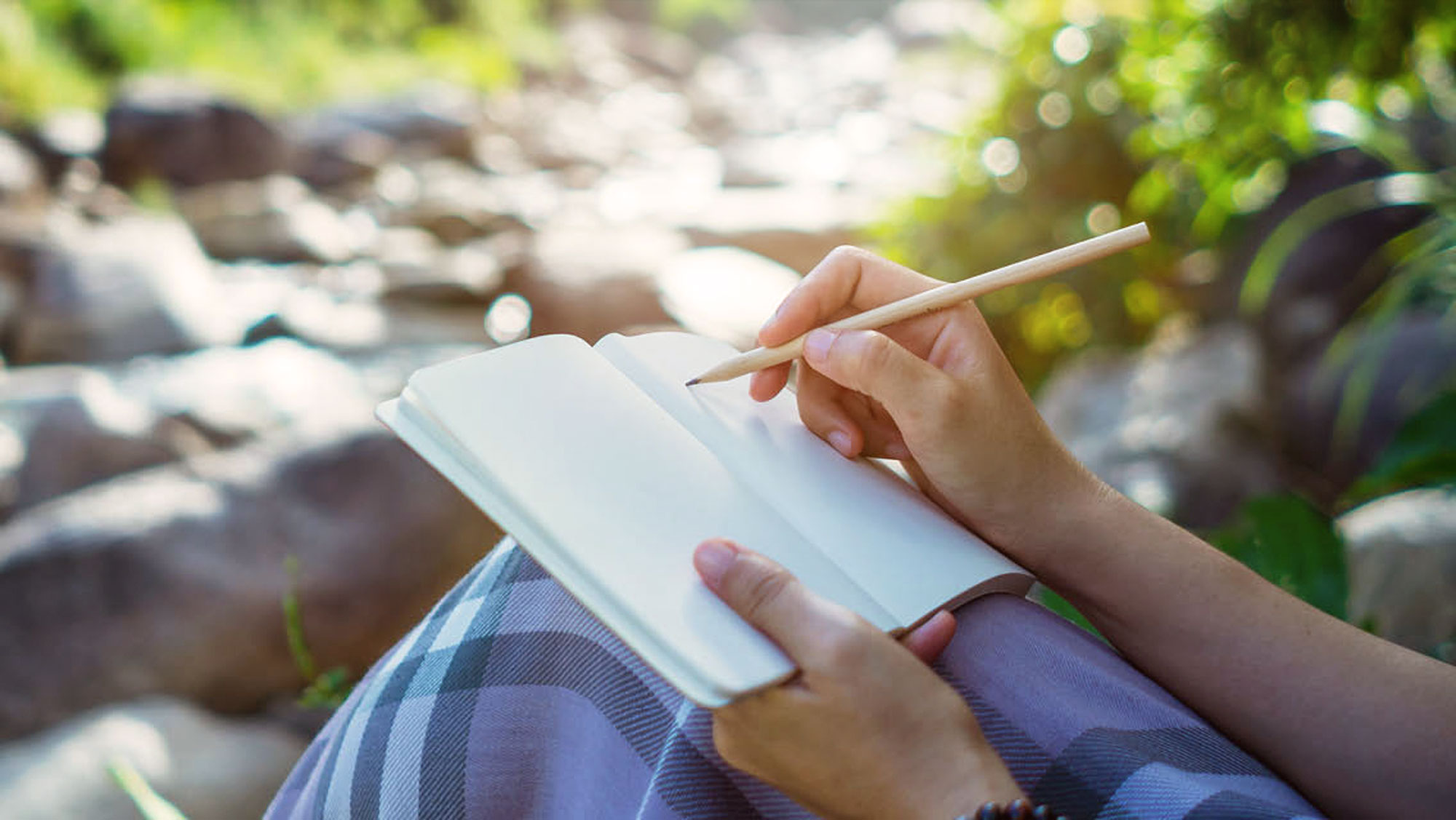 a person journals beside a stream