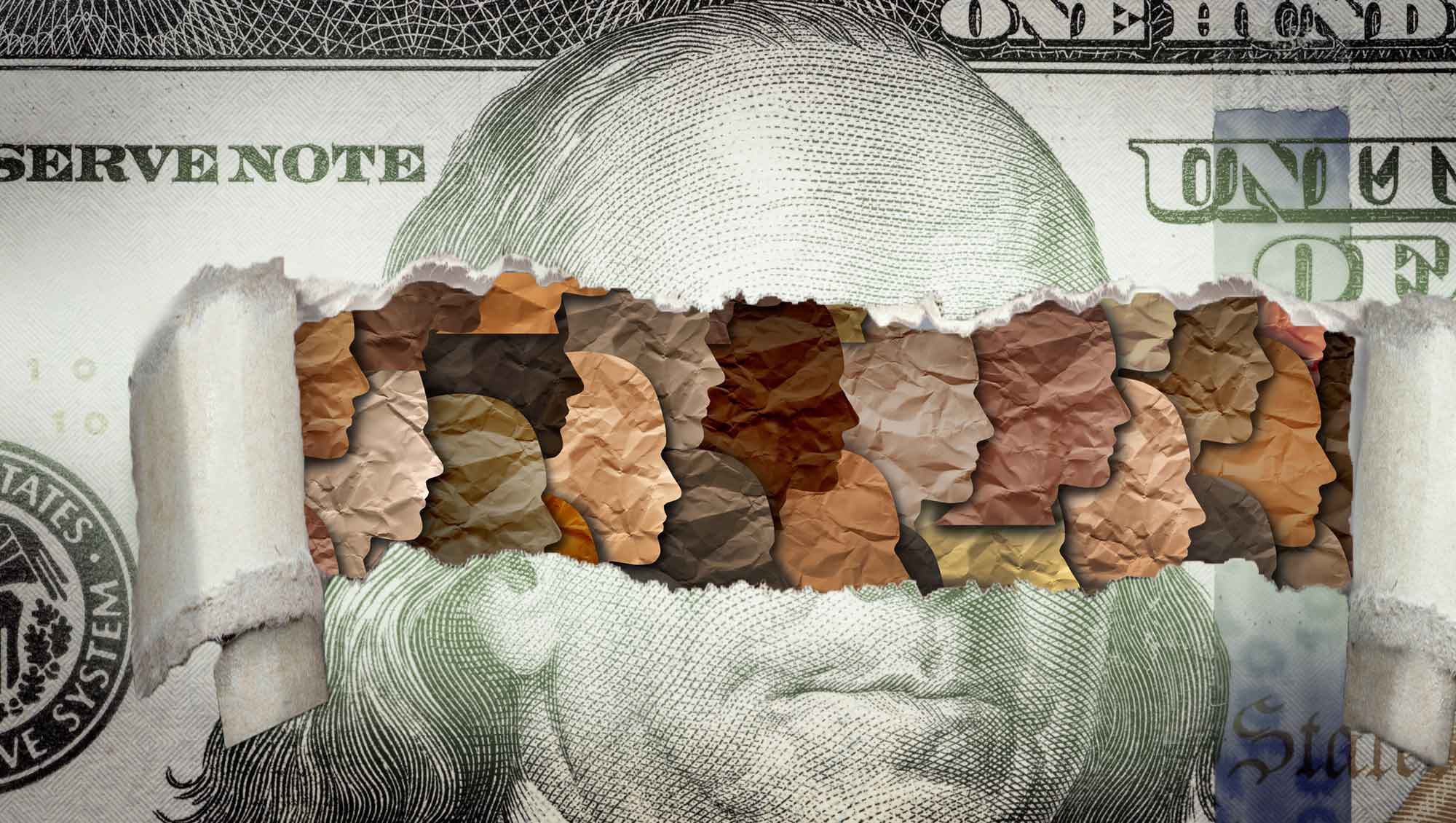 dollar bill with face pealed back and cutouts of various tan skin tone faces show beneath