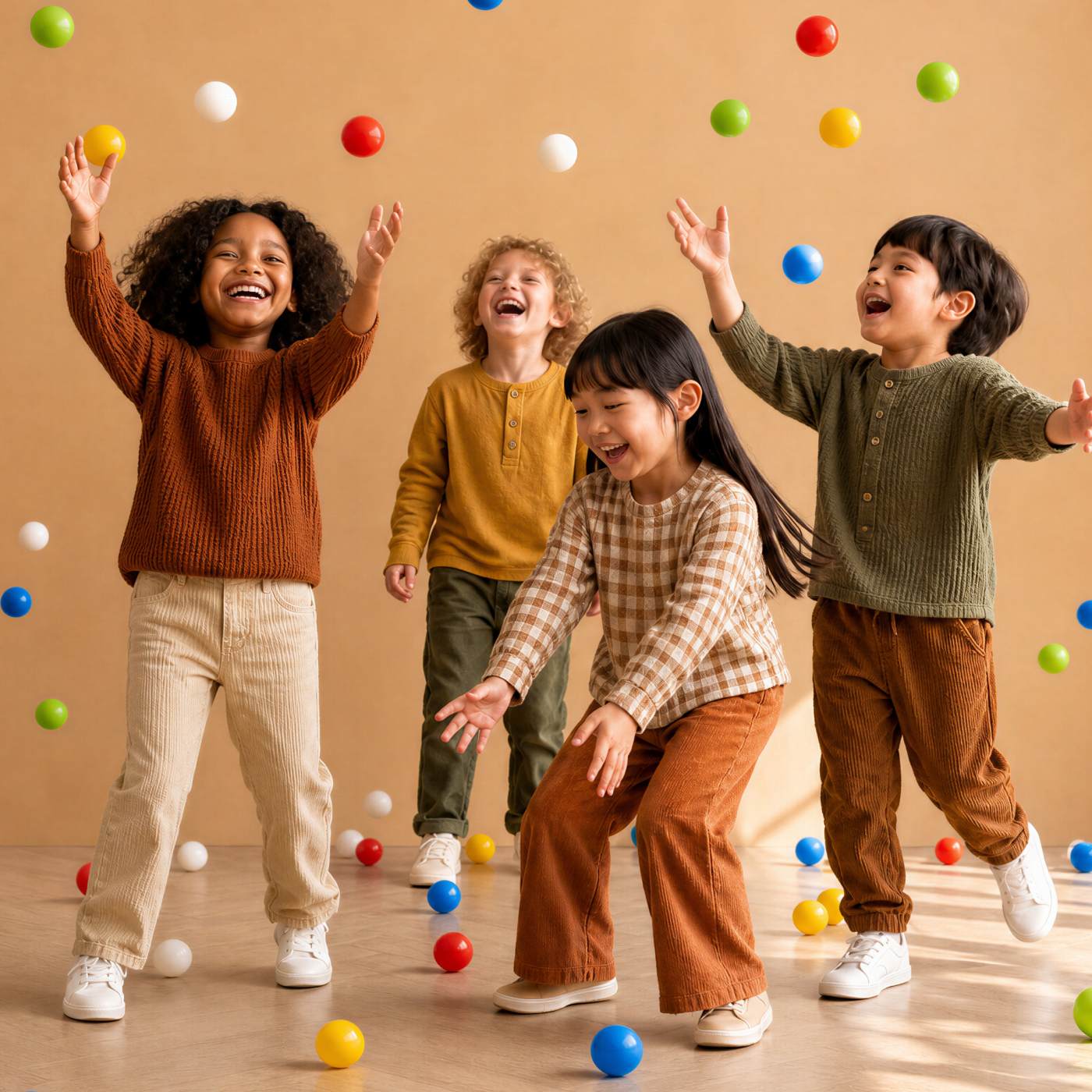A group of four kids playing with a bunch of toy balls throwing them in the air.