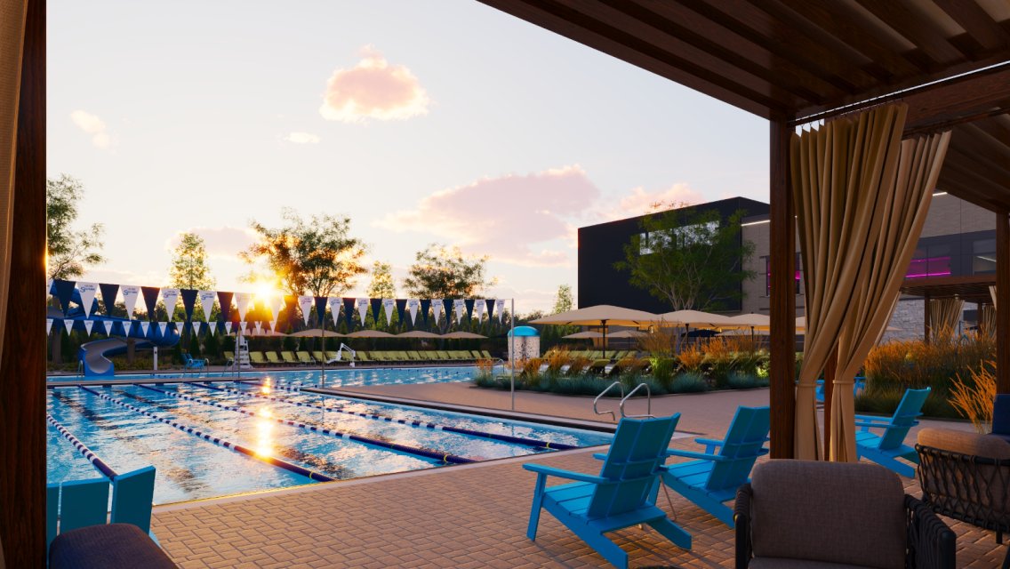 Outdoor beach club and cabanas at Life Time Westfield.