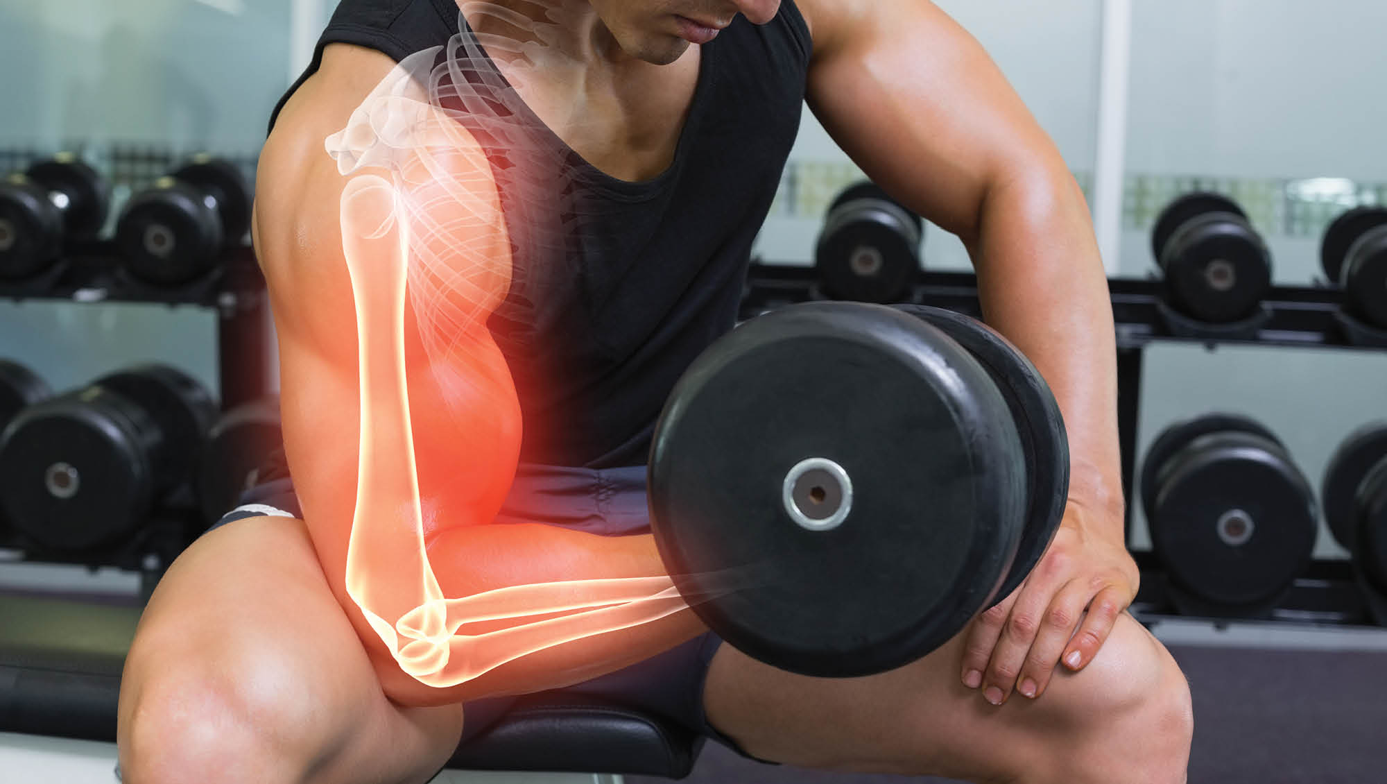 man performing a curl with illustration of bones in his arm