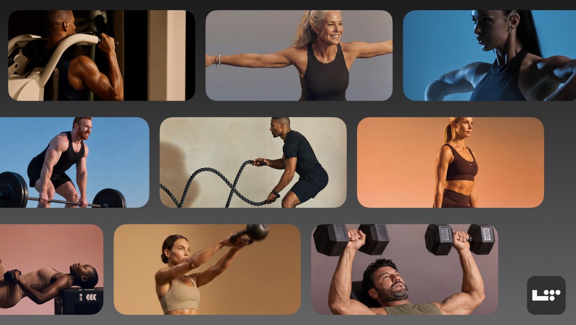 A compilation of tile images from various digital programs in the Life Time app.