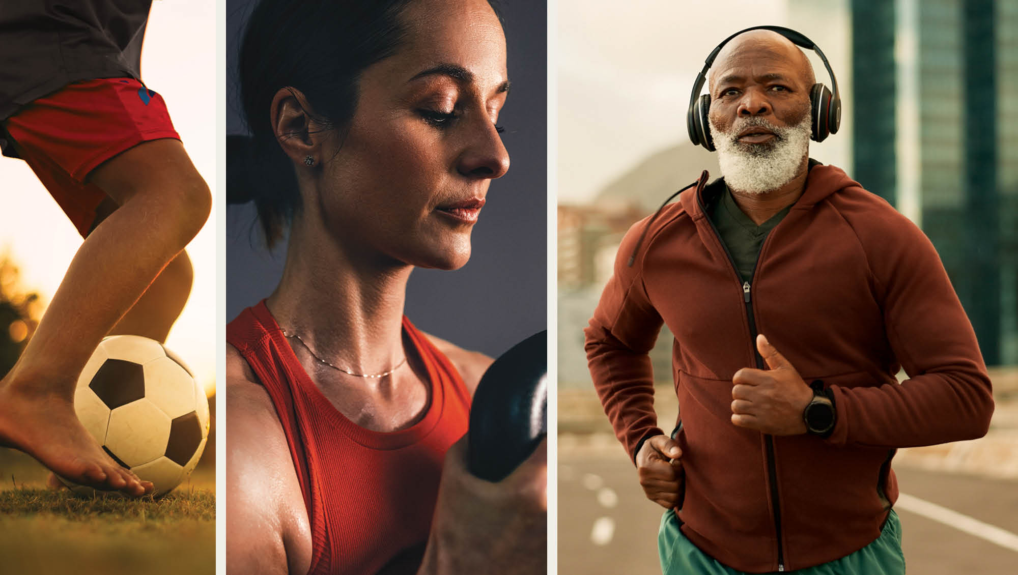 photo collage: child kicking soccer ball, woman lifting kettlebell, senior man running