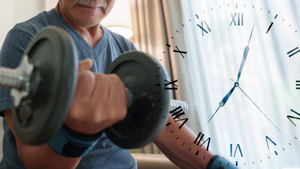 photo collage: senior man lifting a weight + clock