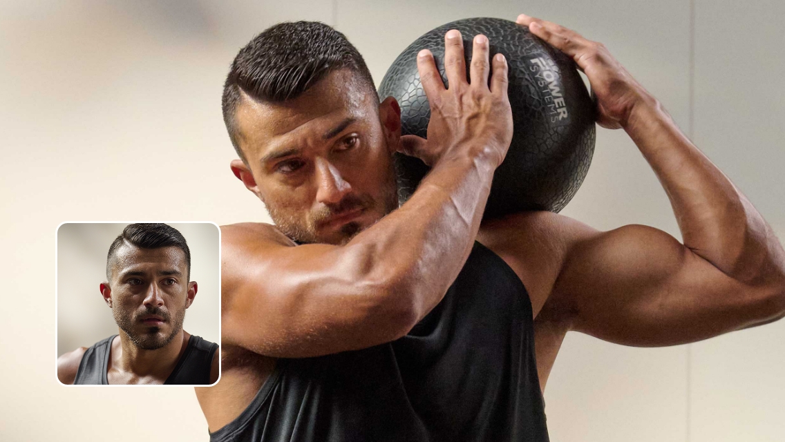 Trainer holding a medicine ball on his shoulder.
