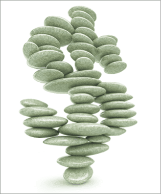 Dollar stability symbol, pebble stack shaped as currency sign over white. Extralarge resolution