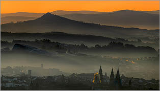 Panoramic view of the city of Santiago de Compostela at the sunrise.