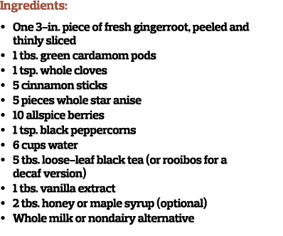 Ingredients: •  One 3-in. piece of fresh gingerroot, peeled and thinly sliced •  1 tbs. green cardamom pods •  1 t...