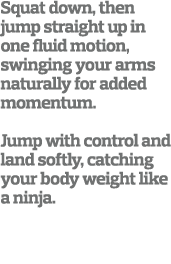 Squat down, then jump straight up in one fluid motion, swinging your arms naturally for added momentum.  Jump with co...