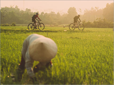 Rebecca Rusch and Huyen Nguyen pedal the Ho Chi Minh trail through the rice fields of Vietnam, February 24, 2015. // Josh Letchworth/Red Bull Content Pool // P-20170303-00359 // Usage for editorial use only // Please go to www.redbullcontentpool.com for further information. // 