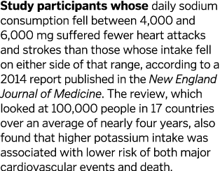 Study participants whose daily sodium consumption fell between 4,000 and 6,000 mg suffered fewer heart attacks and st...
