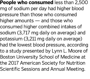 People who consumed less than 2,500 mg of sodium per day had higher blood pressure than those who consumed higher amo...