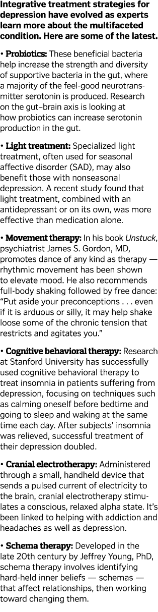 Integrative treatment strategies for depression have evolved as experts learn more about the multifaceted condition. ...