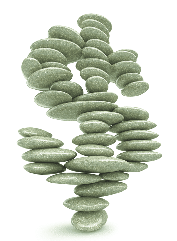 Dollar stability symbol, pebble stack shaped as currency sign over white. Extralarge resolution