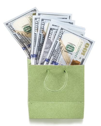 dollars in shopping bag on white