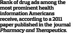 Rank of drug ads among the most prominent health information Americans receive  according to a 2011 paper published i   