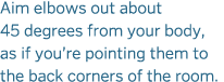 Aim elbows out about 45 degrees from your body  as if you re pointing them to the back corners of the room  