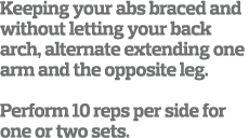 Keeping your abs braced and without letting your back arch  alternate extending one arm and the opposite leg  Perform   