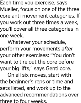 Each time you exercise  says Mueller  focus on one of the three core anti-movement categories  If you work out three    