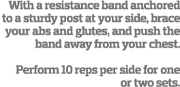 With a resistance band anchored to a sturdy post at your side  brace your abs and glutes  and push the band away from   