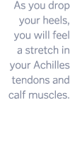 As you drop your heels  you will feel a stretch in your Achilles tendons and calf muscles  