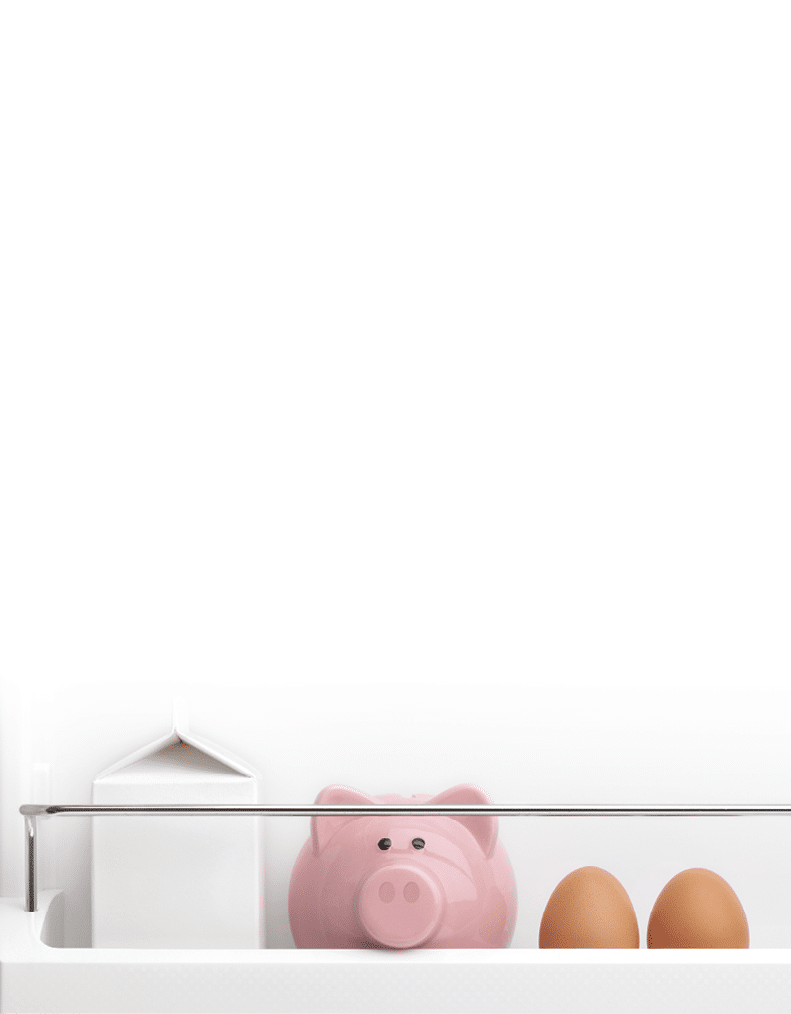 Piggy bank with eggs and milk inside a fridge 