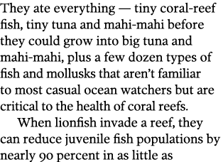 They ate everything — tiny coral-reef fish  tiny tuna and mahi-mahi before they could grow into big tuna and mahi-mah   