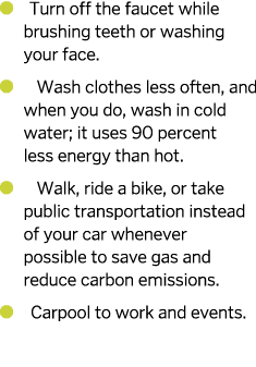   Turn off the faucet while brushing teeth or washing your face    Wash clothes less often  and when you do  wash in    