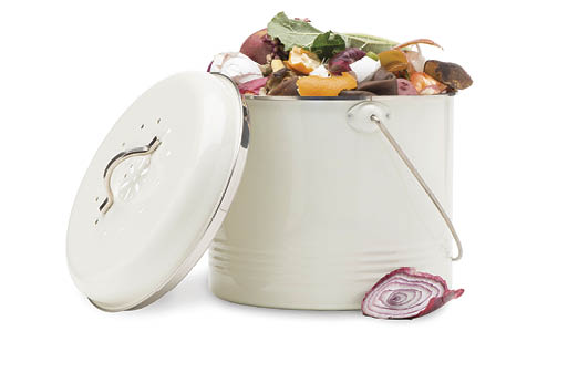 This image shows a kitchen compost container with various kitchen scraps ready for composting  Background is 255 white 