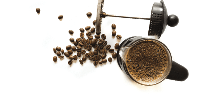 French press coffee maker on white background