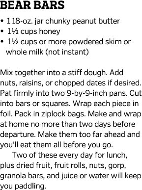 Bear Bars   1 18-oz  jar chunky peanut butter   1  cups honey    1  cups or more powdered skim or whole milk  not ins   