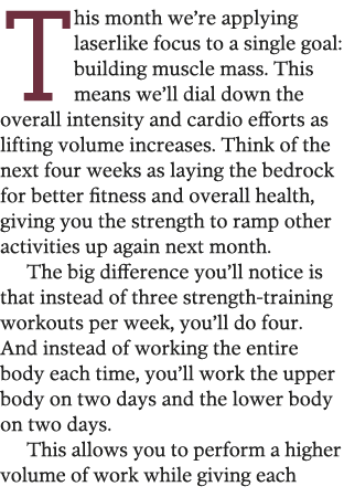 This month we re applying laserlike focus to a single goal: building muscle mass  This means we ll dial down the over   