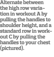 Alternate between the high row variation in workout A by pulling the handles to shoulder height, and a standard row i   