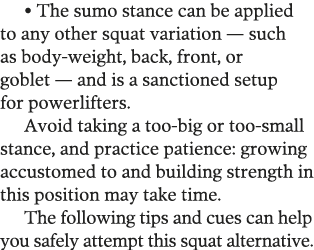   The sumo stance can be applied to any other squat variation — such as body-weight, back, front, or goblet — and is    