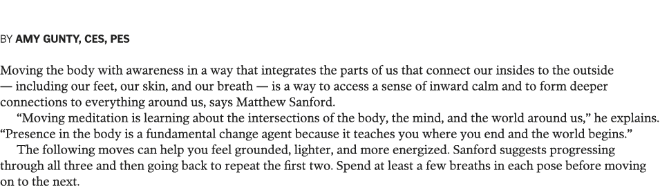  BY AMY GUNTY, CES, PES Moving the body with awareness in a way that integrates the parts of us that connect our insi   